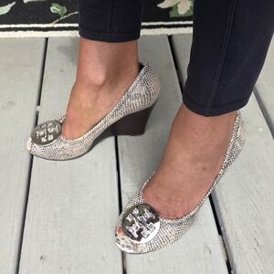 Tory Burch Snake-Print Peep-Toe Wedge Heels in Neutral